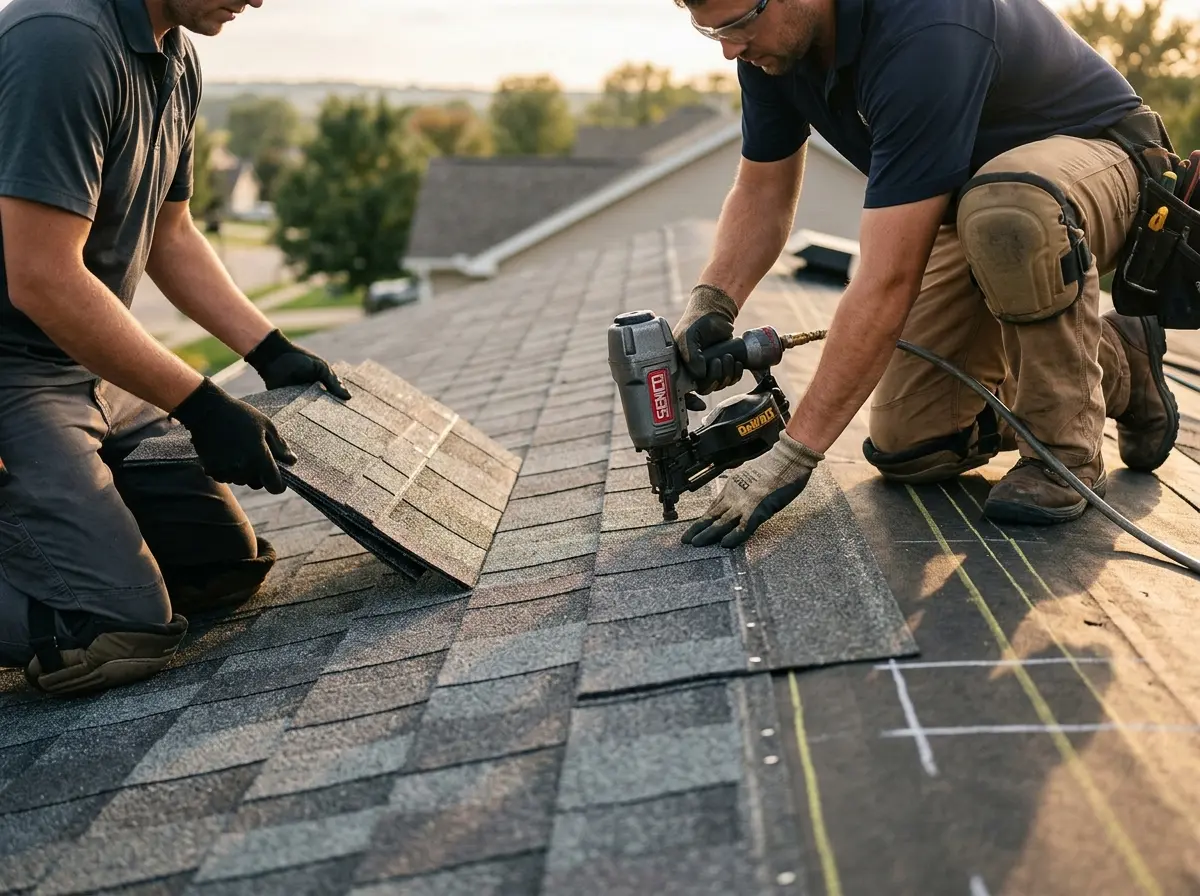 Professional roofer working on a residential roof in North Myrtle Beach